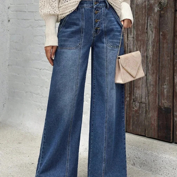 Blue Casual Women's Pockets Versatile Loose Wide Leg Jeans - Picture 2 of 6